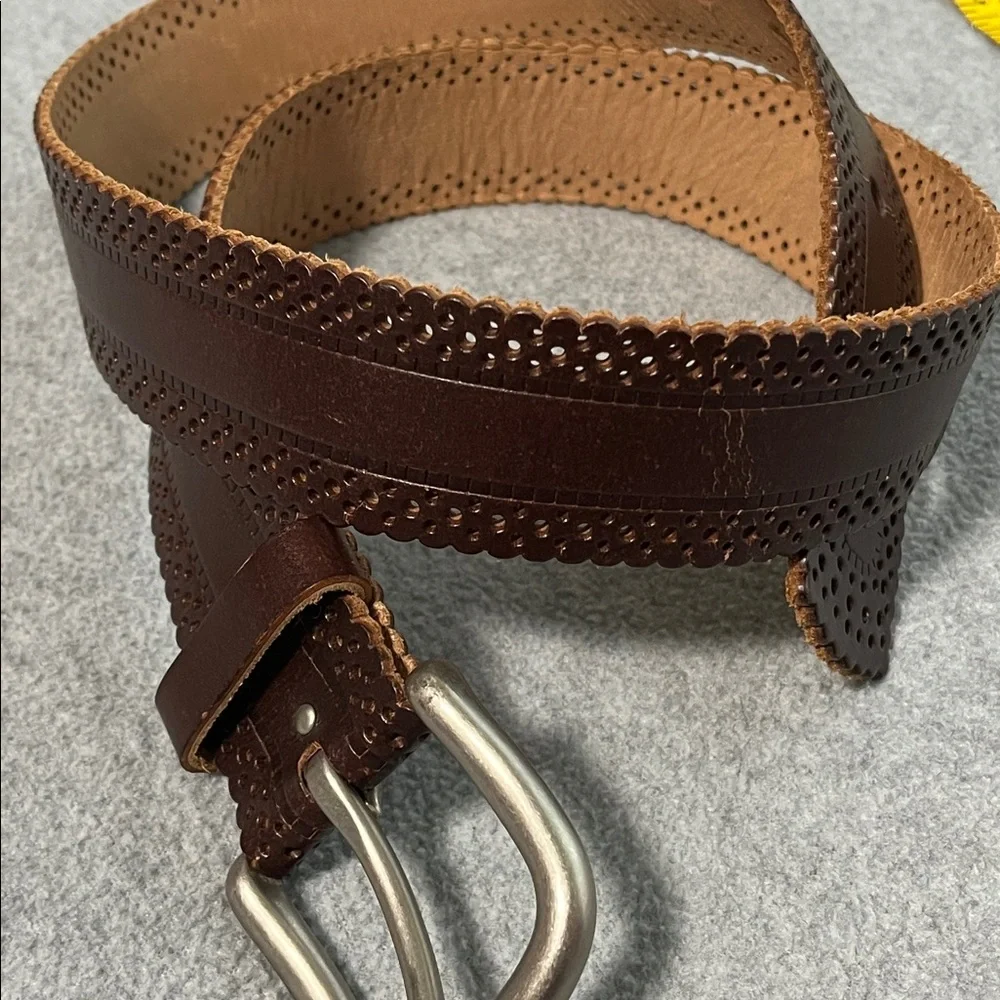 Boho Leather Bonded Belt Womens Medium Brown Silver Brass Buckle Lazer Cut